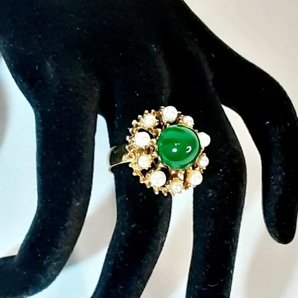 Vibrant Central Green Cabochon Faux Pearl Halo Gold Tone Prong Set Size 7